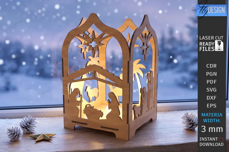 Wooden Nativity Lantern Laser Cut | 3D Christmas Night Light