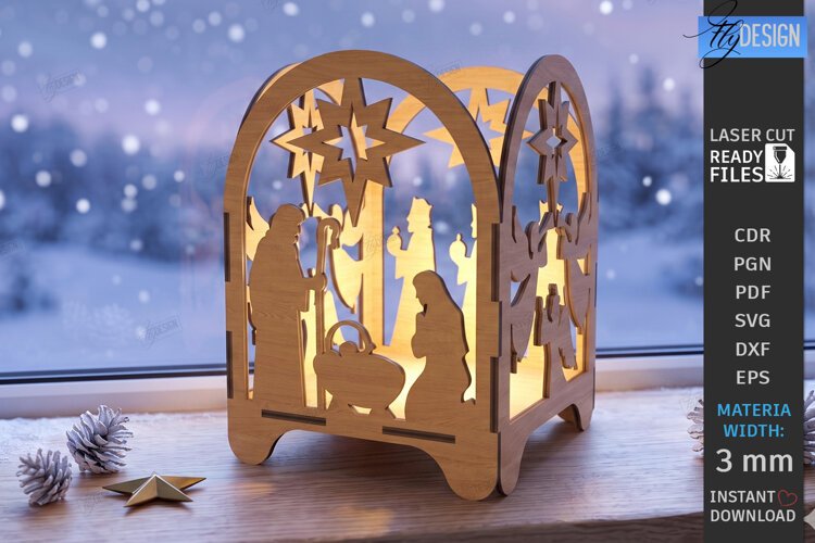 Wooden Nativity Lantern Laser Cut | 3D Christmas Night Light example image 1