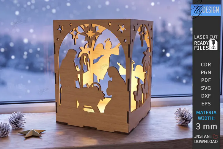 Wooden Nativity Lantern Laser Cut | 3D Christmas Night Light