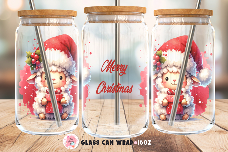 Christmas Sheep Glass 16 Oz Glass Can Wrap Png