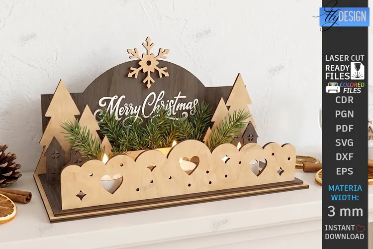 3D Christmas Shelf Decor Candle Holder Laser Cut | Holidays