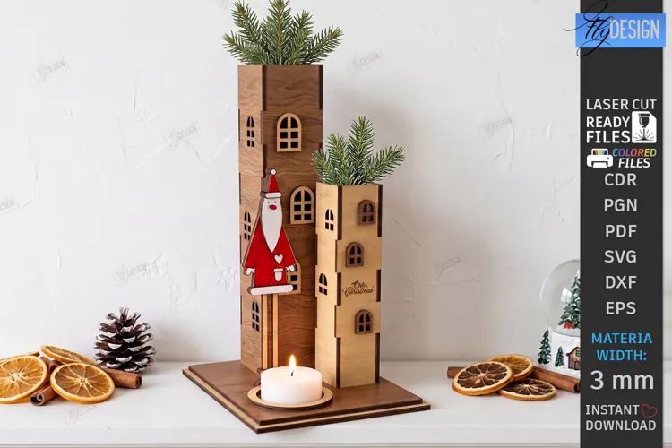 3D Christmas Shelf Decor Candle Holder Laser Cut | Holidays