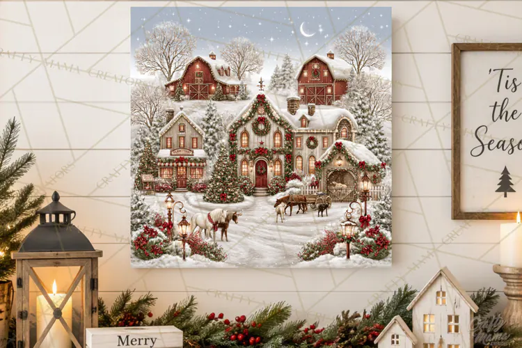 Christmas Farm Scene Sublimation, Vintage Farmhouse Png