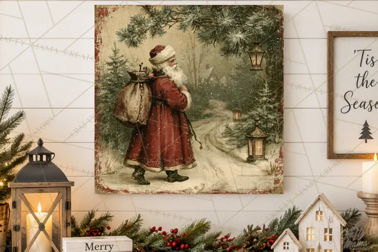 Vintage Santa Christmas Signs PNG, Nostalgic Winter Village