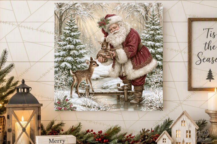 Santa Woodland Christmas Scenes, Vintage Santa Forest PNG example image 1