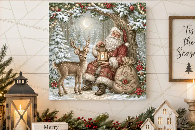 Santa Woodland Christmas Scenes, Vintage Santa Forest PNG