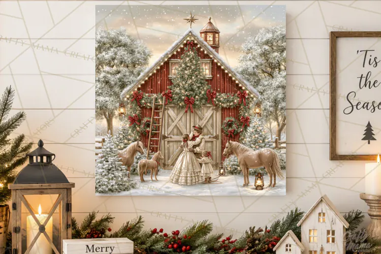 Christmas Farm Scene Sublimation, Vintage Farmhouse Png