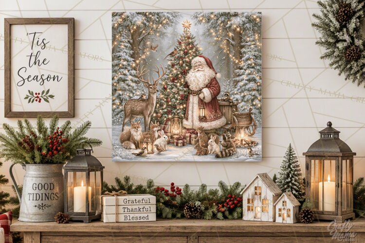 Santa Woodland Christmas Scenes, Vintage Santa Forest PNG example image 1