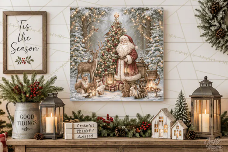 Santa Woodland Christmas Scenes, Vintage Santa Forest PNG