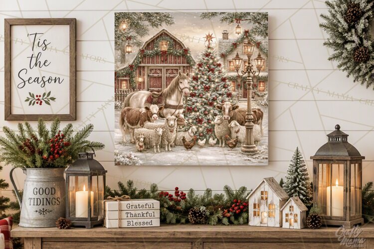 Christmas Farm Scene Sublimation, Vintage Farmhouse Png example image 1