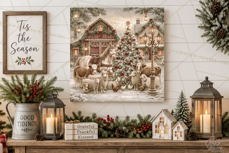 Christmas Farm Scene Sublimation, Vintage Farmhouse Png