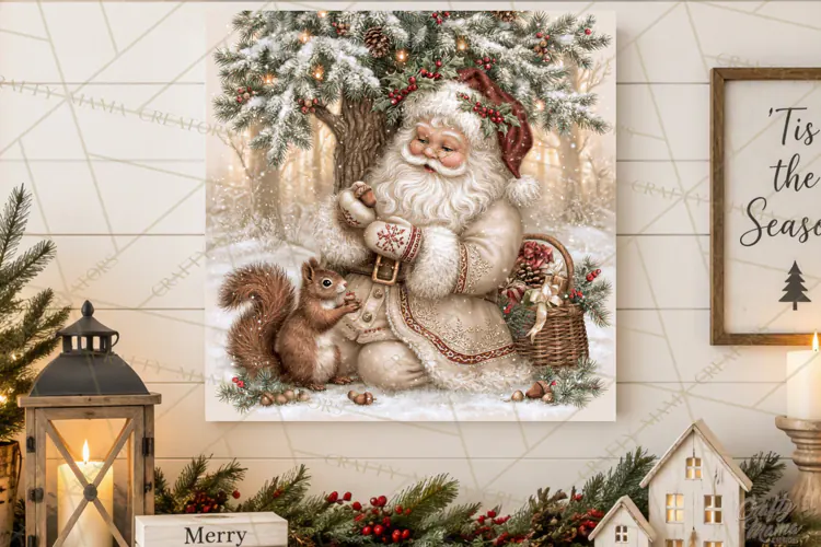 Santa Woodland Christmas Scenes, Vintage Santa Forest PNG
