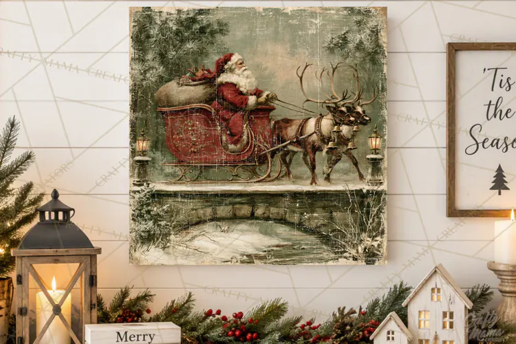 Vintage Santa Christmas Signs PNG, Nostalgic Winter Village