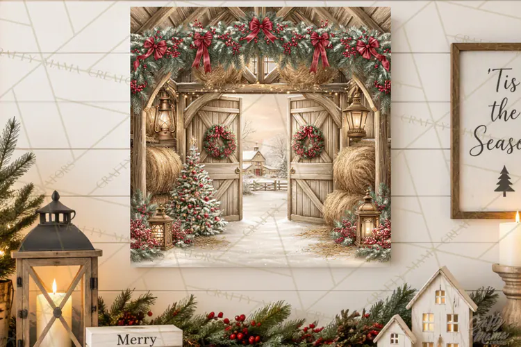 Christmas Farm Scene Sublimation, Vintage Farmhouse Png