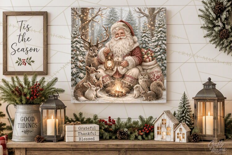 Santa Woodland Christmas Scenes, Vintage Santa Forest PNG example image 1