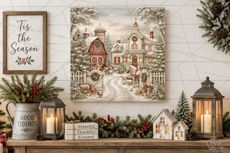 Christmas Farm Scene Sublimation, Vintage Farmhouse Png