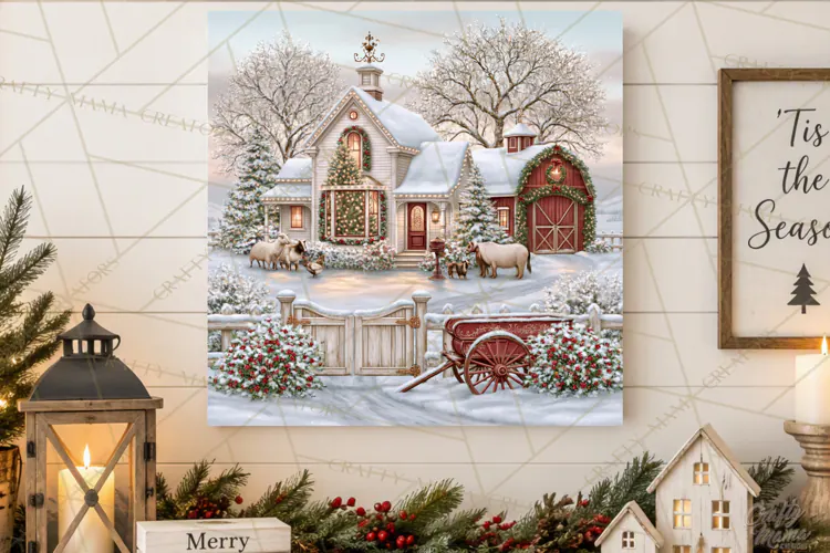 Christmas Farm Scene Sublimation, Vintage Farmhouse Png