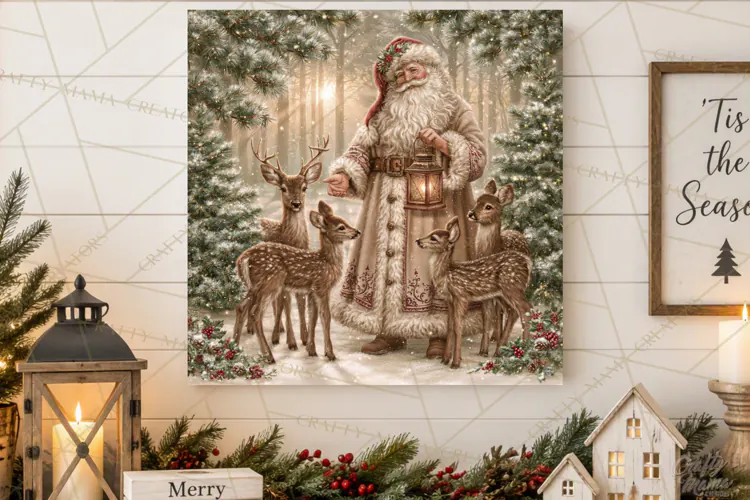 Santa Woodland Christmas Scenes, Vintage Santa Forest PNG