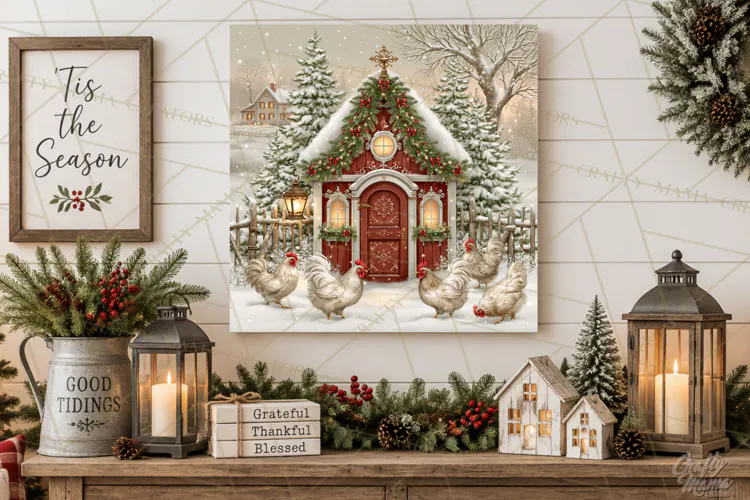 Christmas Farm Scene Sublimation, Vintage Farmhouse Png