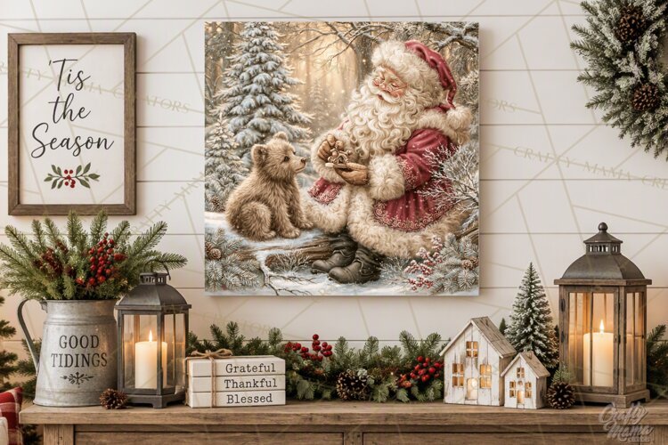 Santa Woodland Christmas Scenes, Vintage Santa Forest PNG example image 1