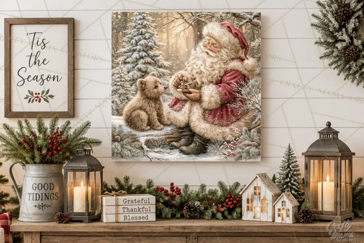 Santa Woodland Christmas Scenes, Vintage Santa Forest PNG