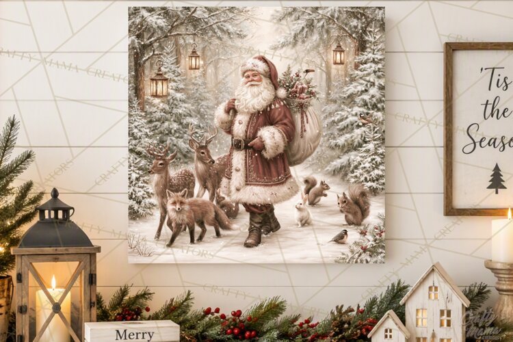 Santa Woodland Christmas Scenes, Vintage Santa Forest PNG example image 1
