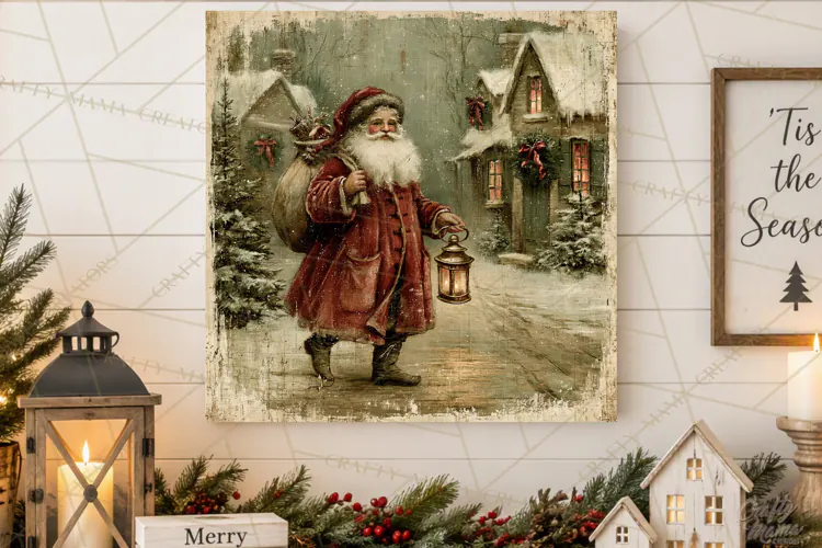 Vintage Santa Christmas Signs PNG, Nostalgic Winter Village