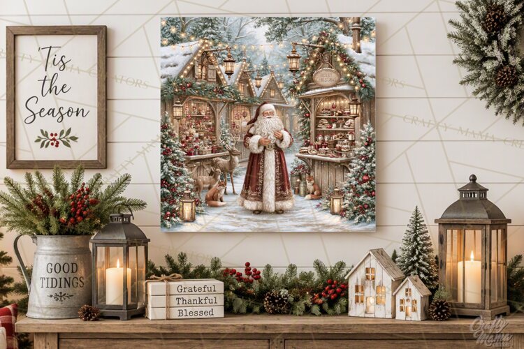 Santa Woodland Christmas Scenes, Vintage Santa Forest PNG example image 1
