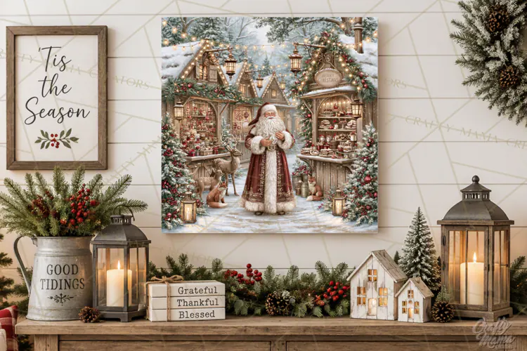Santa Woodland Christmas Scenes, Vintage Santa Forest PNG