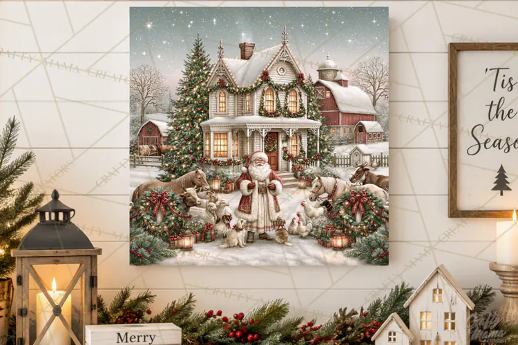 Christmas Farm Scene Sublimation, Vintage Farmhouse Png