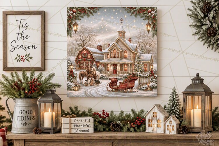 Christmas Farm Scene Sublimation, Vintage Farmhouse Png example image 1