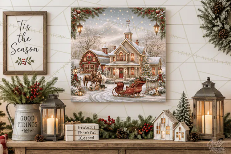 Christmas Farm Scene Sublimation, Vintage Farmhouse Png