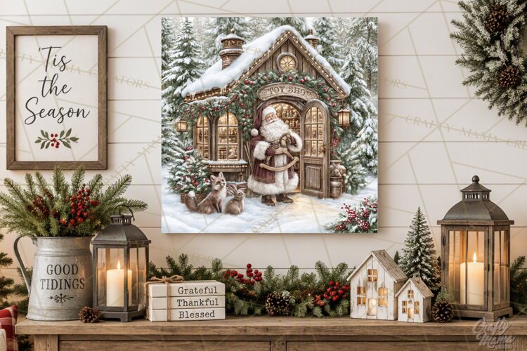 Santa Woodland Christmas Scenes, Vintage Santa Forest PNG example image 1