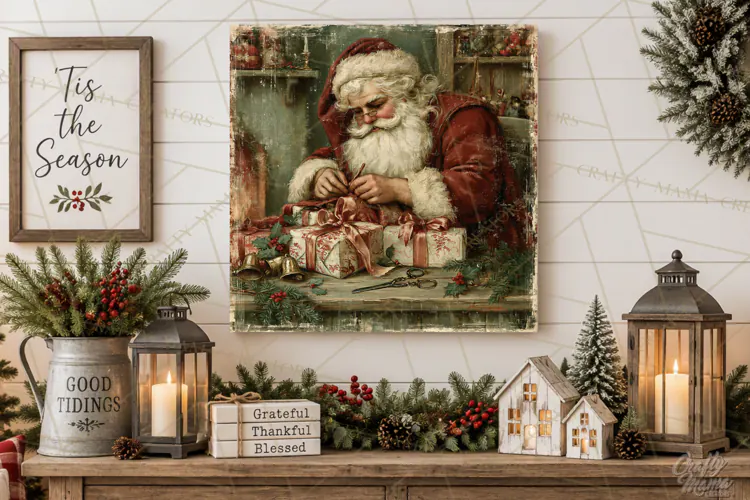 Vintage Santa Christmas Signs PNG, Nostalgic Winter Village