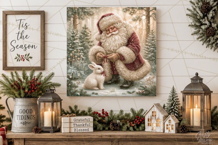 Santa Woodland Christmas Scenes, Vintage Santa Forest PNG example image 1