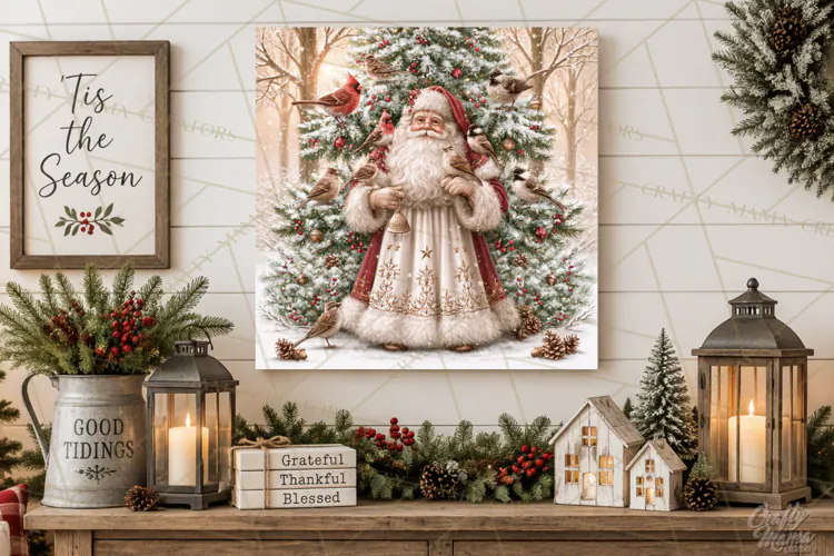 Santa Woodland Christmas Scenes, Vintage Santa Forest PNG
