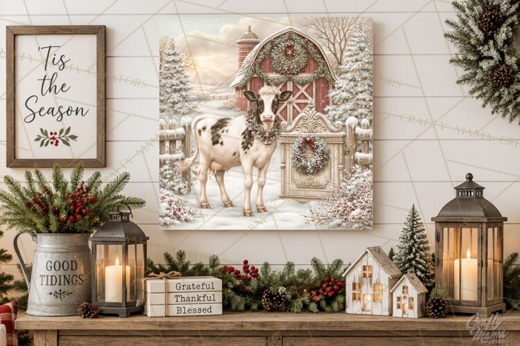 Christmas Farm Scene Sublimation, Vintage Farmhouse Png example image 1