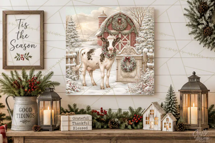 Christmas Farm Scene Sublimation, Vintage Farmhouse Png