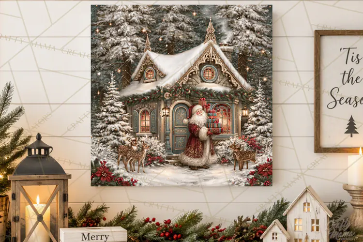 Santa Woodland Christmas Scenes, Vintage Santa Forest PNG