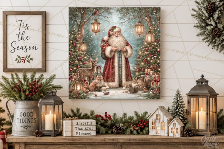 Santa Woodland Christmas Scenes, Vintage Santa Forest PNG example image 1