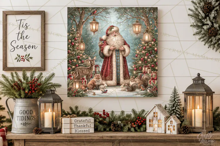 Santa Woodland Christmas Scenes, Vintage Santa Forest PNG