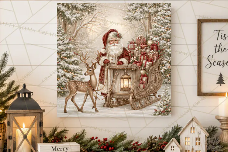 Santa Woodland Christmas Scenes, Vintage Santa Forest PNG