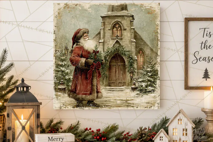 Vintage Santa Christmas Signs PNG, Nostalgic Winter Village