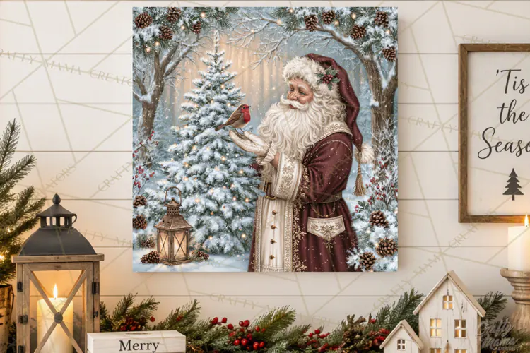 Santa Woodland Christmas Scenes, Vintage Santa Forest PNG