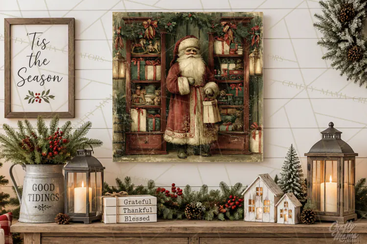 Vintage Santa Christmas Signs PNG, Nostalgic Winter Village