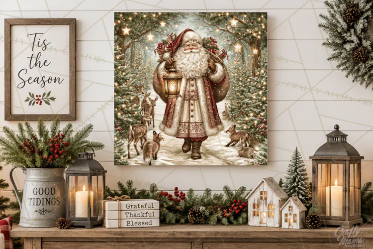 Santa Woodland Christmas Scenes, Vintage Santa Forest PNG