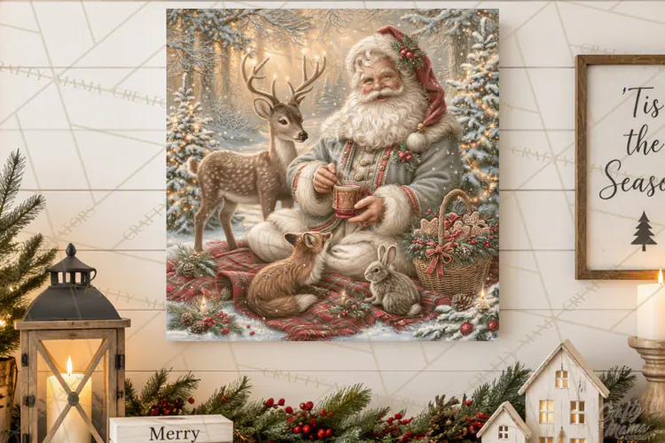 Santa Woodland Christmas Scenes, Vintage Santa Forest PNG