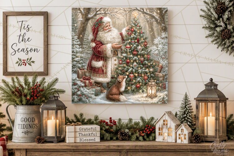 Santa Woodland Christmas Scenes, Vintage Santa Forest PNG example image 1