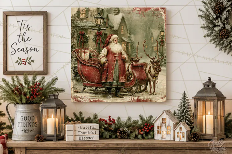 Vintage Santa Christmas Signs PNG, Nostalgic Winter Village