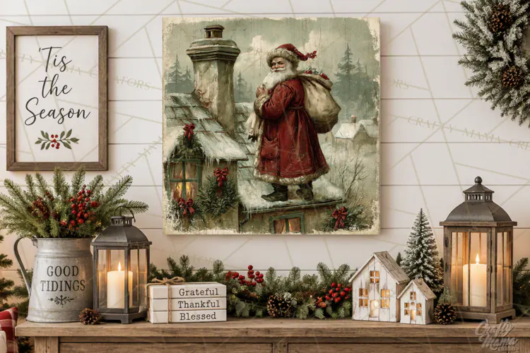 Vintage Santa Christmas Signs PNG, Nostalgic Winter Village